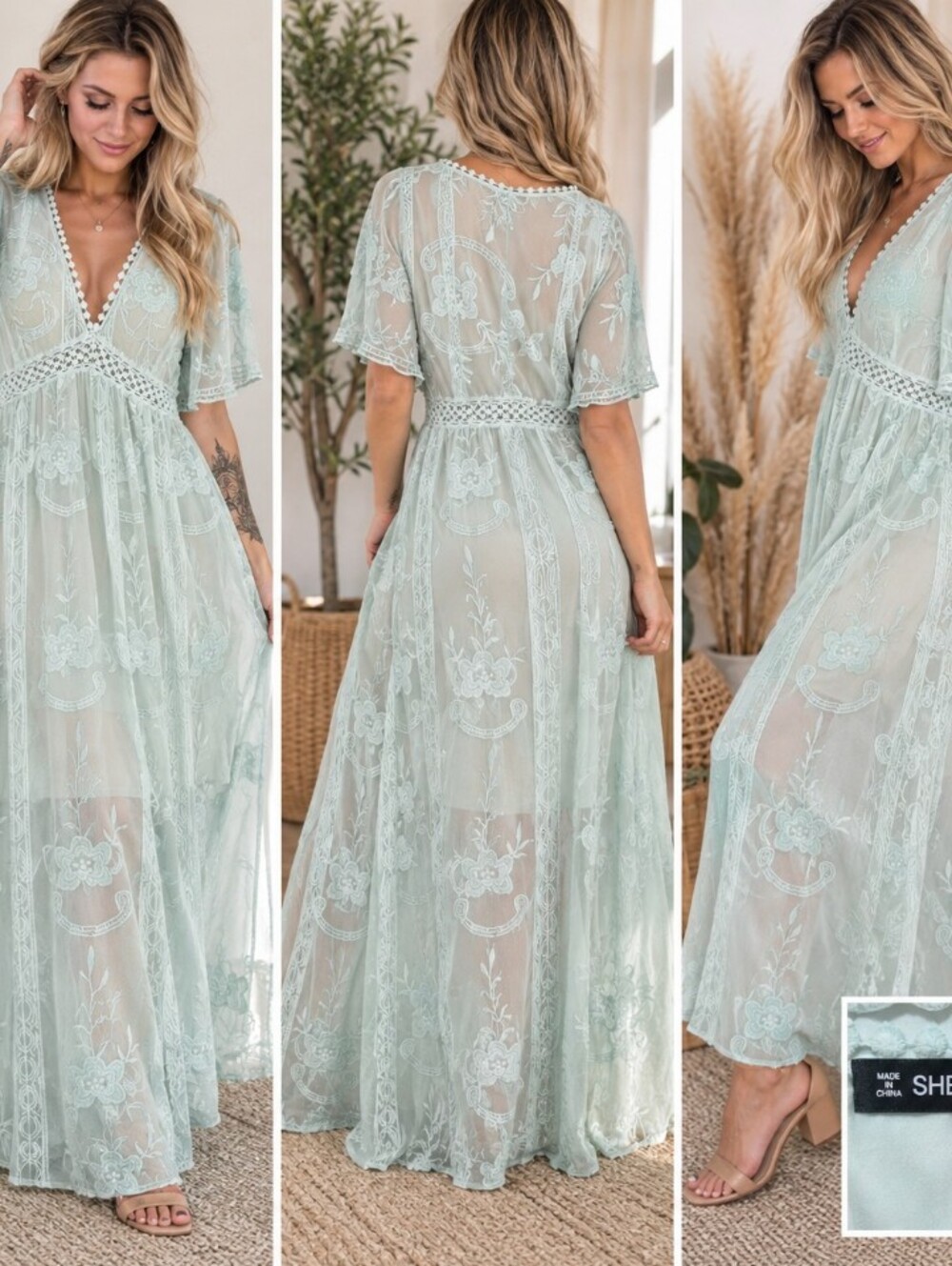Boho Lace Maxi Dress in Light Mint
